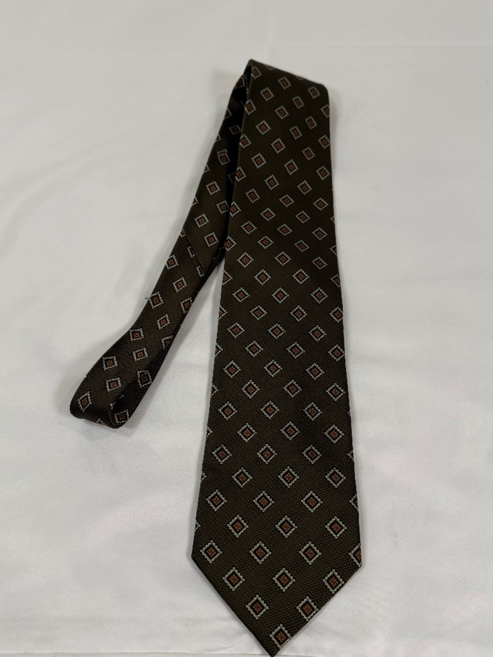 Vintage Bruno Piattelli Pure Silk Olive Geometric Designer Tie